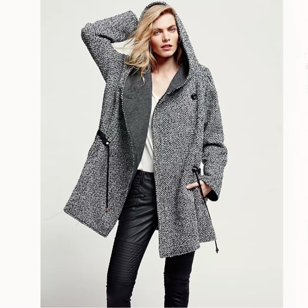 Free People Satellite Image Swing Hooded Tweed Wool Oversized Coat Size XS